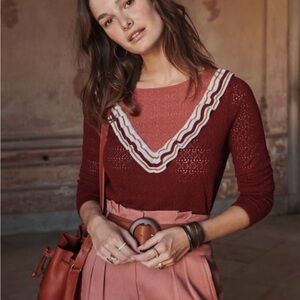 Sezane Burgundy and Pink Mael Ruffle Light Sweater Size Medium Wool Cotton Blend
